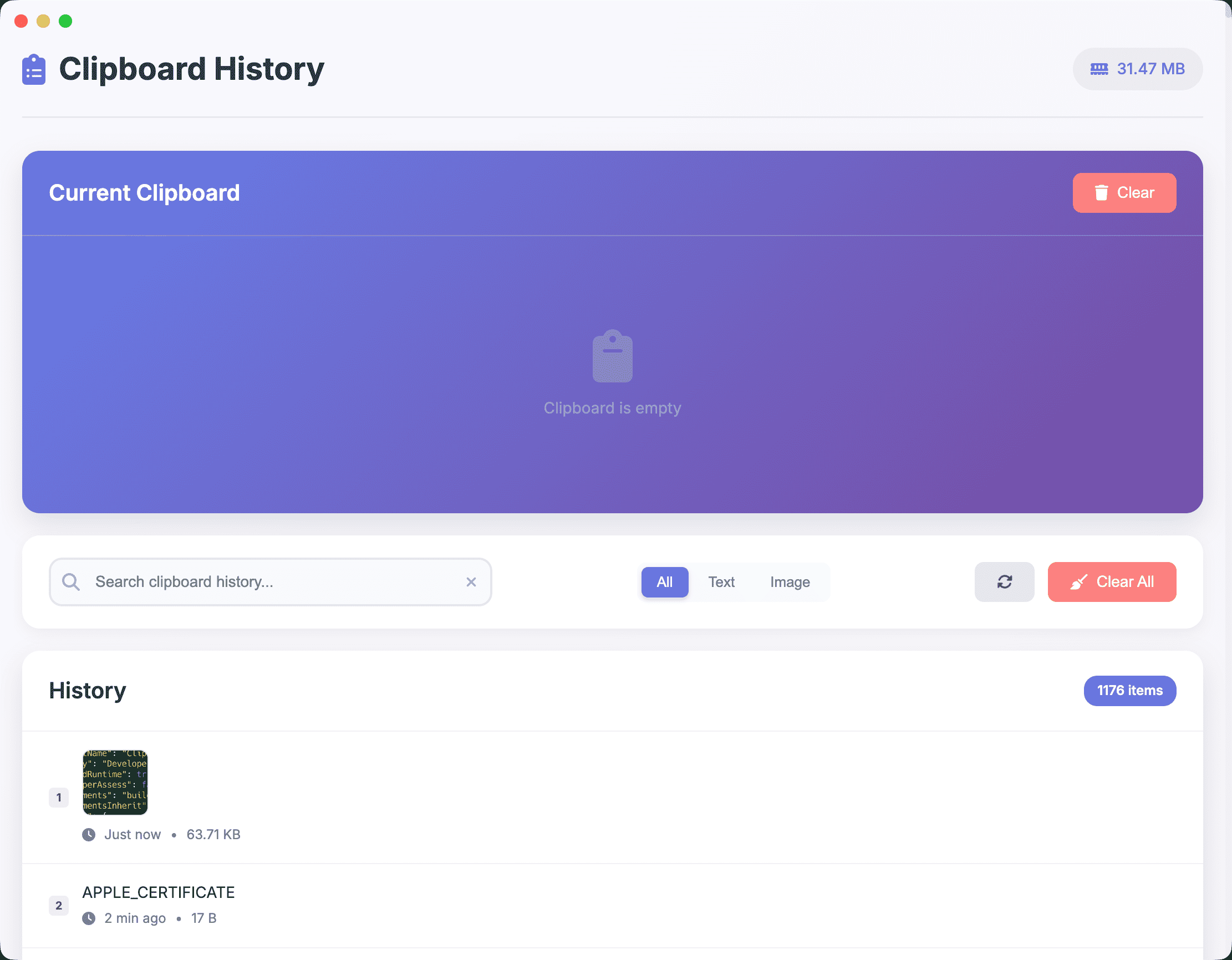 Clipboard History Manager interface